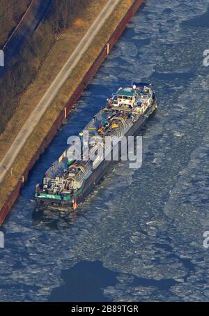 , Tanker on the frozen waterway of Wesel-Datteln Canal in Marl, 08.02.2012, aerial view, Germany, North Rhine-Westphalia, Ruhr Area, Marl Stock Photo