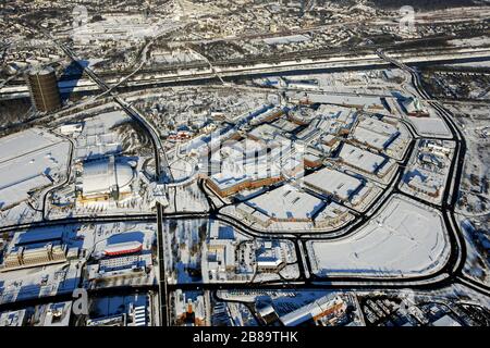 , shopping centre CentrO in Oberhausen with Gasometer Oberhausenin winter, 06.01.2009, aerial view, Germany, North Rhine-Westphalia, Ruhr Area, Oberhausen Stock Photo