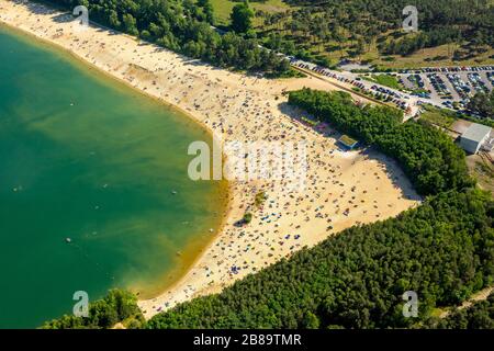 , bathers on the sandy beach shores of Silver Lake in Haltern, 05.06.2015, aerial view, Germany, North Rhine-Westphalia, Ruhr Area, Haltern am See Stock Photo