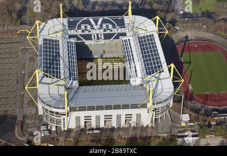 Logo of BVB formed by solar panels on the roof of Borusseum, the Signal Iduna Park stadium of Borussia Dortmund, 25.01.2012, aerial view, Germany, North Rhine-Westphalia, Ruhr Area, Dortmund Stock Photo