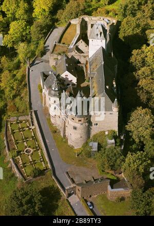 , castle Buerresheim at Mayen in valley Nettetal, 25.09.2011, aerial view, Germany, Rhineland-Palatinate, Mayen Stock Photo