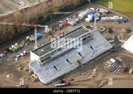 , new building of RW-stadium in Hafenstrasse in Essen, football ground of Rot-Weiss-Essen, 25.01.2012, aerial view, Germany, North Rhine-Westphalia, Ruhr Area, Essen Stock Photo