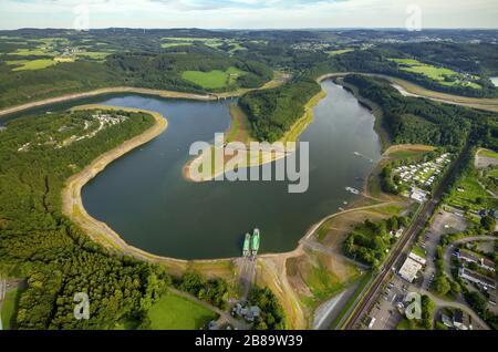 , Camping ground Biggesee, port and lido Sondern, reservoir Biggesee, 05.08.2015, aerial view, Germany, North Rhine-Westphalia, Sauerland, Olpe Stock Photo