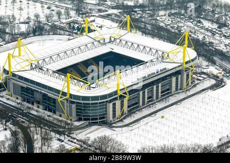 , snow-covered soccer stadium Westfalenstadion of Dortmund BVB, 19.01.2013, aerial view, Germany, North Rhine-Westphalia, Ruhr Area, Dortmund Stock Photo