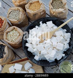 Homemade fat fodder, ingredients: hardened coconut oil, sunflower seeds, peanuts, seed mix and sunflower oil, Germany Stock Photo