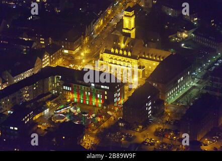 , Night view of the town hall of Bottrop with Christmas market, 02.12.2011, aerial view, Germany, North Rhine-Westphalia, Ruhr Area, Bottrop Stock Photo
