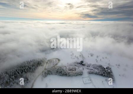 , Winterly hotel-restaurant and Asten Tower on the snow-covered mountain Kahler Asten in Winterberg, 26.01.2013, aerial view, Germany, North Rhine-Westphalia, Winterberg Stock Photo
