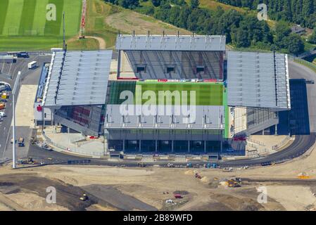 , new building of RW-stadium in Hafenstrasse in Essen, football ground of Rot-Weiss-Essen, 01.08.2013, aerial view, Germany, North Rhine-Westphalia, Ruhr Area, Essen Stock Photo