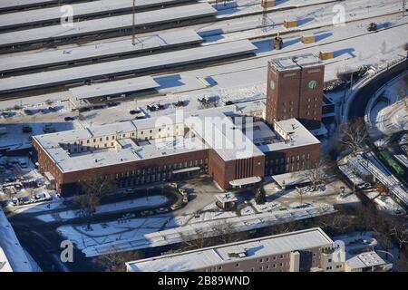 , main station of Oberhausen in winter, aerial view, 06.01.2009, aerial view, Germany, North Rhine-Westphalia, Ruhr Area, Oberhausen Stock Photo