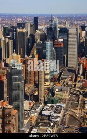 , Midtown neighborhood of Manhattan in New York with the Empire State Building, Bank of America Tower and the Chrysler Building, 12.04.2009, aerial view, USA, New York City Stock Photo