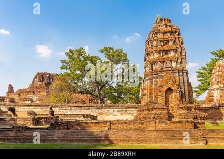 Landscape of  Wat Mahathat in Buddhist temple Is a temple built in ancient times at Ayutthaya near Bangkok. Thailand Stock Photo