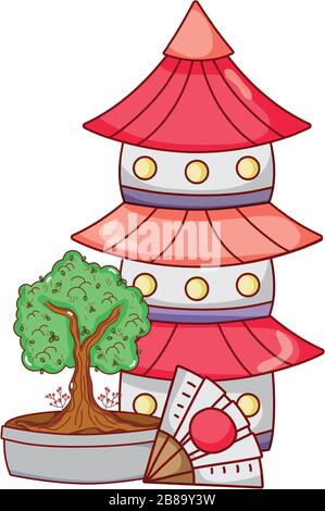 pagoda fan and bonsai tree japanese cartoon vector illustration Stock Vector