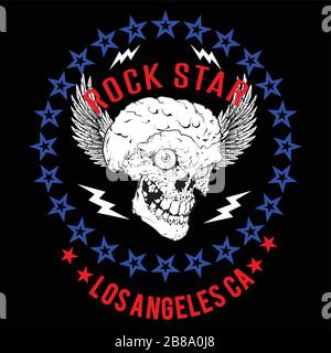 Vector design for t-shirt of a skull with white wings, with a circle of red stars and yellow letters on a black background. Stock Vector