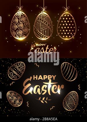 set of happy easter cards golden with decoration Stock Vector
