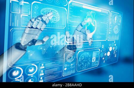 3D rendering medical artificial intelligence robot working in future hospital. Futuristic prosthetic healthcare for patient and biomedical technology Stock Photo