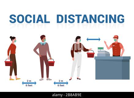 illustration or vector of several people who use masks are queue to shop at supermarkets and do social distancing Stock Vector