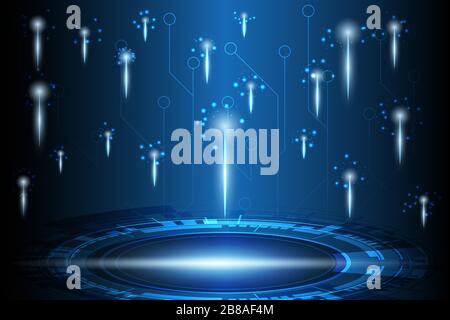 Abstract technology background with orange and blue sparkle effect, light beam and circuit pattern background. Stock Vector