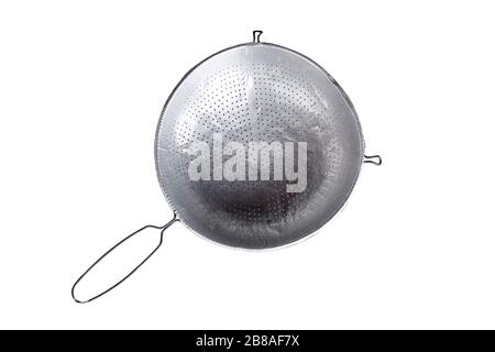 Colander, Stainless steel bucket, Colander stainless on white background Stock Photo