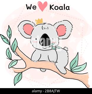 cute grey koala eat leave on branch tree, animal character drawing outline idea for greeting card, child, kid and nursery print Stock Vector