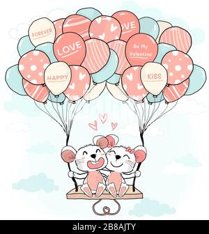 cute mice lover couple hug and sit on colourful pastel balloon swing on blue sky, cute flat vector character cartoon animal design for greeting card, Stock Vector