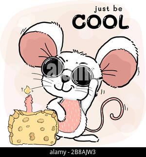 happy cool cute white pink mice or mouse wears Sun Glasses with cheese cake and candle, just be cool and happy word in background, cute character dood Stock Vector