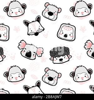 seamless pattern nursery cute wild animal heads outline drawing Stock Vector