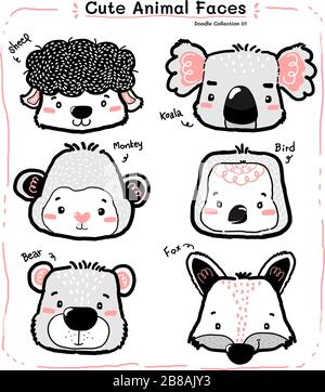 cute doodle wild animal face set, nursery kid outline drawing, sheep, koala, monkey, teddy, bear, fox Stock Vector