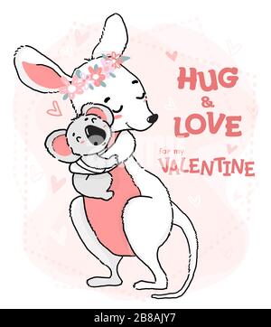 cute outline drawing koala hug and love kangaroo, flat vector animal character cartoon idea for greeting card, nursery print and kid stuff, for my val Stock Vector