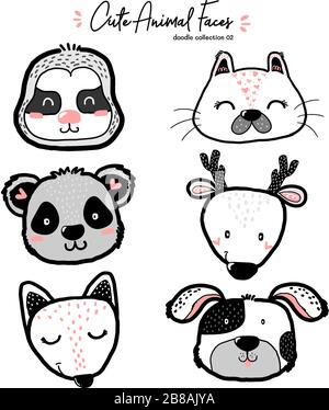 cute doodle wild animal face set, nursery kid outline drawing, Sloth, panda, fox, cat, dog, deer Stock Vector