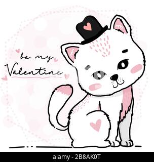 cute happy kitten cat wear heart hat with be my valentine word, greeting card, nursery and child print stuff. cute animal character drawing outline. Stock Vector