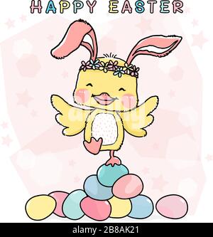 happy little yellow chicken with rabbit ears, standing on pile of colourful pastel easter eggs, idea for greeting card, nursery, kid print stuff Stock Vector