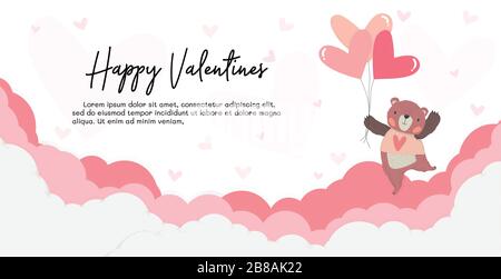 flat vector cute teddy bear hold heart balloons floating on pink cloud with happy valentines, cute animal character idea for social banner, child and Stock Vector