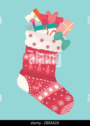 cute flat vector variety of present boxes in red Christmas sock , Happy new year and merry Christmas card Stock Vector