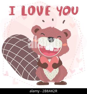 cute happy brown autumn beaver open mouth smile, holding a heart with I love you text, cute animal character idea for child and kid printable stuff an Stock Vector