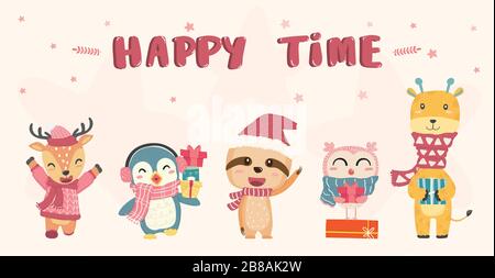 Happy cute wild animals in winter christmas costume flat vector drawing, idea for banner. cute deer, giraffe,penguin, bird and sloth, happy time, happ Stock Vector