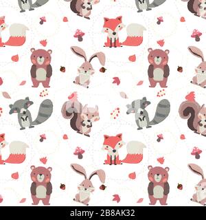 cute woodland animals character autumn season seamless background Stock Vector