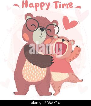 flat vector cute happy daddy and son autumn teddy bear smile, hug with happy time, valentine card, cute animal character idea for child and kid printa Stock Vector