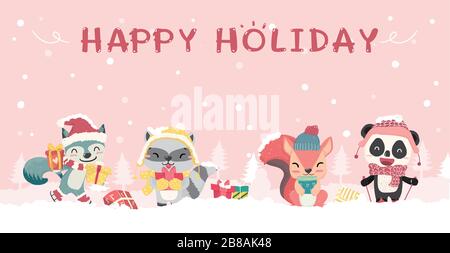 Happy cute wild animals in winter christmas costume flat vector cartoon, idea for background, banner. cute fox, panda, happy time, happy christmas Stock Vector