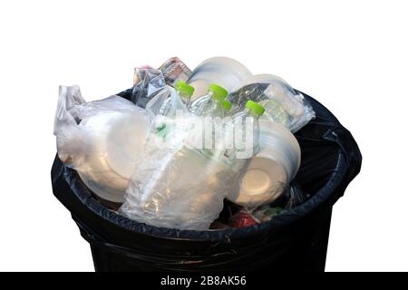 Bin, junk, trash bag, Trash Plastic Bottles and Foam tray in Trash top view closeup, Waste Plastic Garbage Stock Photo