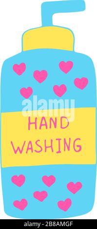 Vector illustration of soap bottle with hand washing text isolated on white background. Poster about hygiene. Restroom or bathroom print, toilet quote. Safety measure against viruses and bacteria Stock Vector
