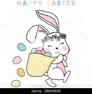 cute drawing line flower wreath bunny happy easter holding sack of pastel colorful eggs Stock Vector