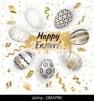 White Gold Easter eggs and gold serpentine on white background. Vector realistic illustration. Serpantine pieces isolated and eggs. Stock Vector