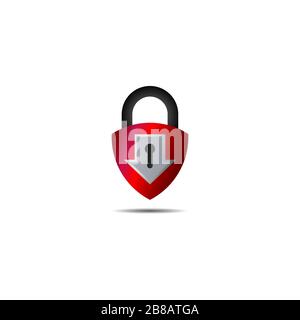 Lockdown sign illustration isolated on white background. Metalic red shield padlock with Down arrow shape icon. Security logo concept. Protection Stock Vector
