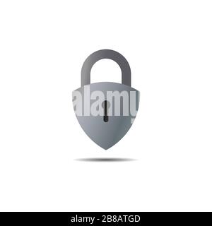 Lockdown sign illustration isolated on white background. Silver Metalic shield padlock shape icon. Security logo concept. Protection design element. Stock Vector