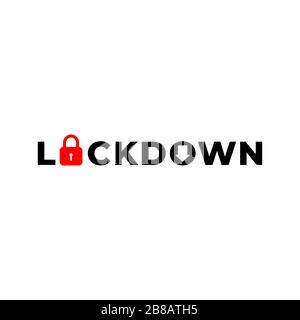 Lockdown sign illustration isolated on white background. Red padlock, down arrow shape icon. Warning logo concept. Protection design element. Lock log Stock Vector