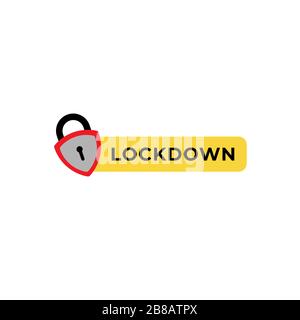 Lockdown sign illustration isolated on white background. Protection design element. Lock logo template. Red gray shield padlock icon with yellow label Stock Vector