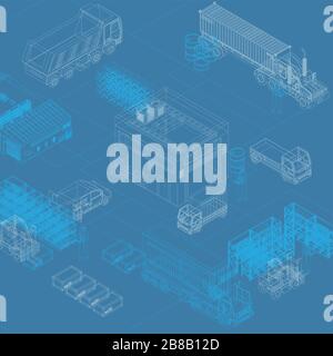 Simple draft design of various trucks and boxes with storage building Stock Vector