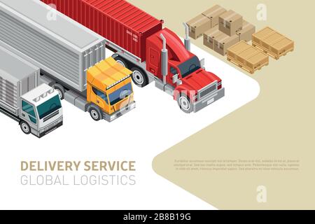 Isometric style of trucks on webpage with modern delivery service and global logistics Stock Vector