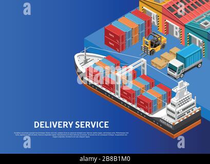 Heavy vehicles loading huge freight ship with containers in modern cargo port near warehouses Stock Vector