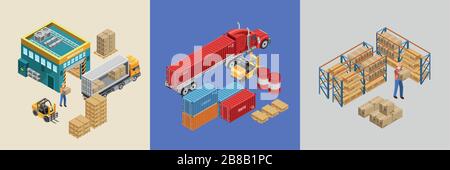 Set of isometric vector illustrations of work of delivery service warehouse Stock Vector